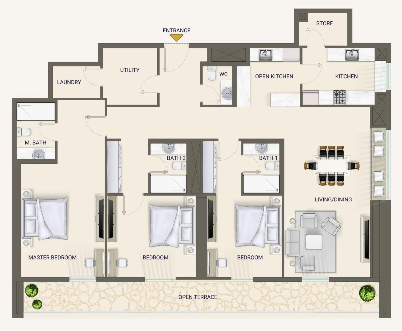 Nexara Tower 3 BR Apartments floor plan, 1,878 sqft to 2,018 sqft, drawing published by 7th Key Development