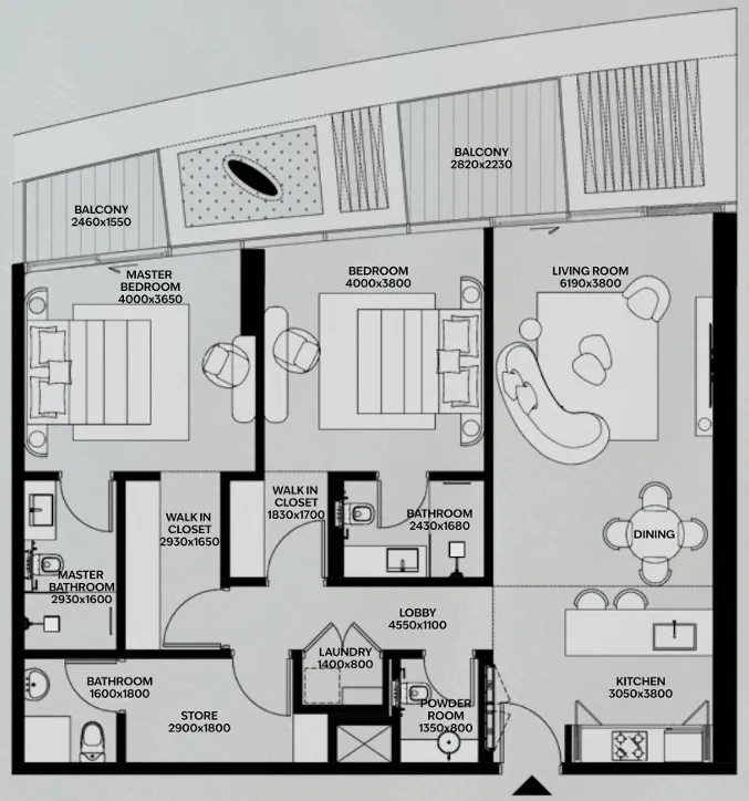 Lia by Avenew Development 2 BR Apartments floor plan, 1,319 sqft to 1,525 sqft, drawing published by AVENEW Development