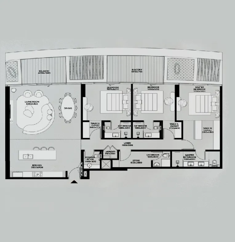 Lia by Avenew Development 3 BR Apartments floor plan, 2,158 sqft to 2,200 sqft, drawing published by AVENEW Development