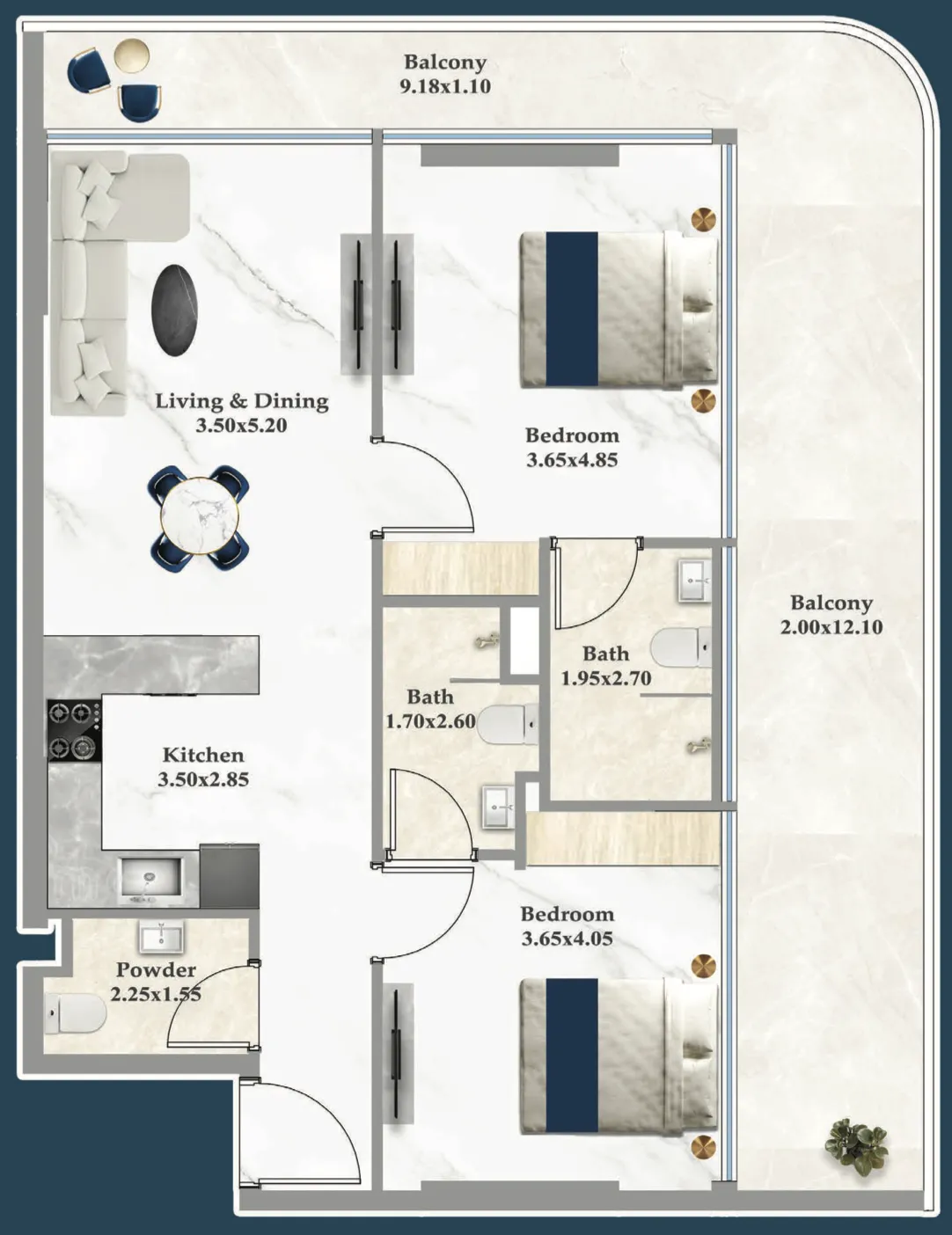 Sparklz 2 BR Apartments floor plan, 1,090 sqft to 1,137 sqft, drawing published by Danube