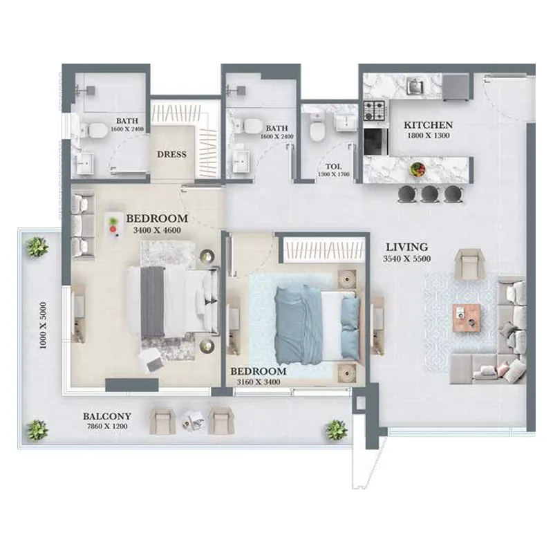 AUM 99 Residences 2 BR Apartments floor plan, 975 sqft, drawing published by AG Properties