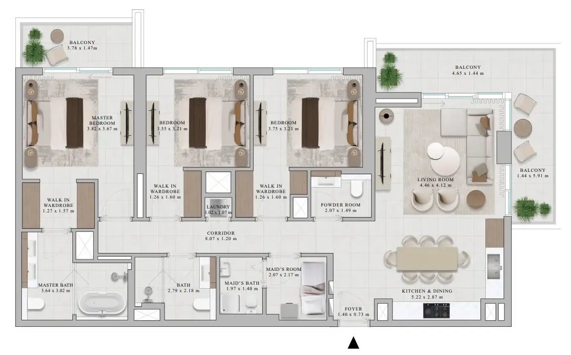 Rosehill 3 BR Apartments floor plan, 1,744 sqft to 2,072 sqft, drawing published by Emaar