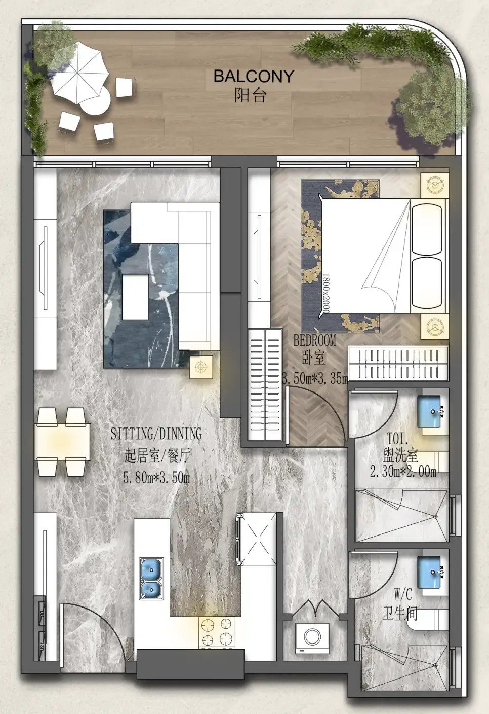 Forest City 2 1 BR Apartments floor plan, 800 sqft to 893 sqft, drawing published by Al Helal Al Zahaby Real Estate Development (HZ Development)