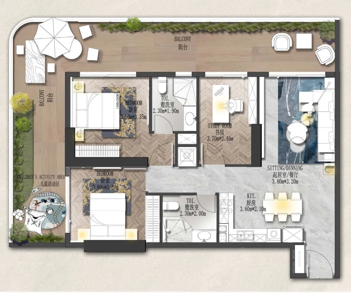 Forest City 2 2 BR Apartments floor plan, 1,418 sqft, drawing published by Al Helal Al Zahaby Real Estate Development (HZ Development)