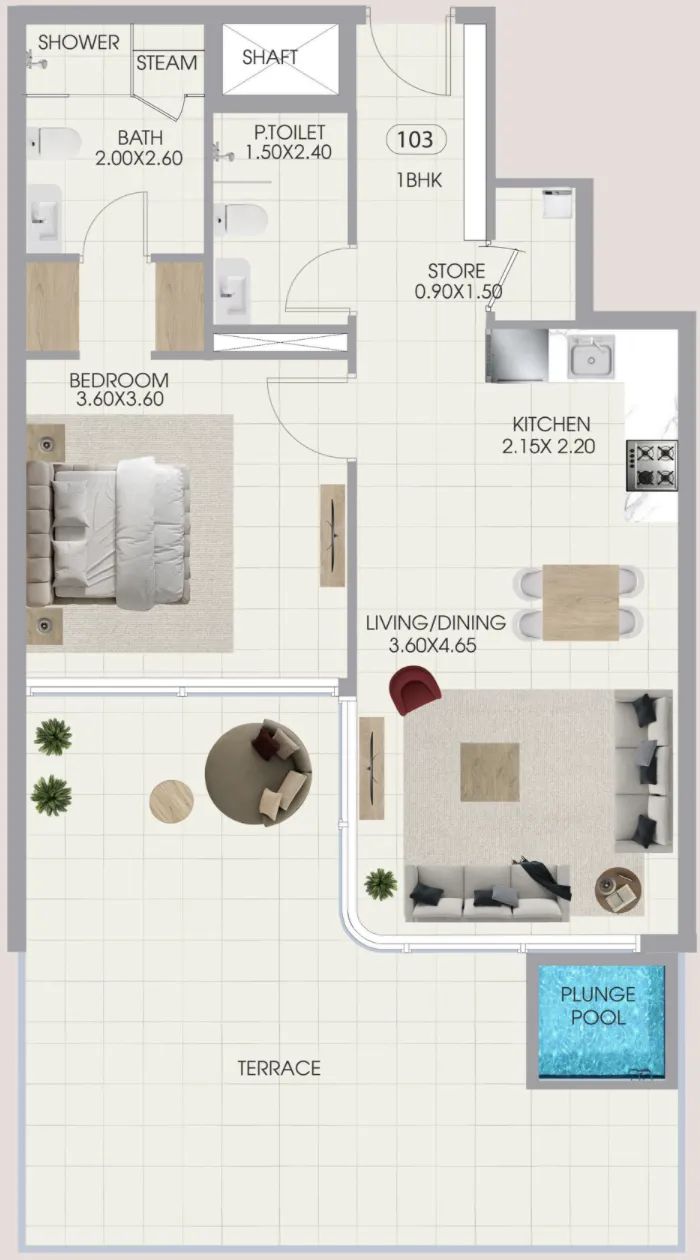 Bonds Avenue 1 BR Apartments floor plan, 983 sqft to 1,046 sqft, drawing published by Amirah Developments
