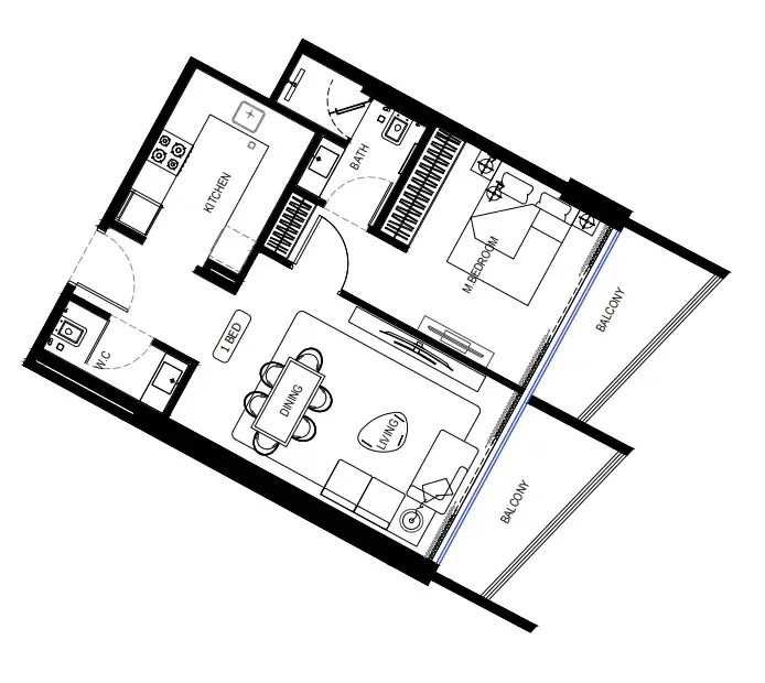 Binghatti HillCrest 1 BR Apartments floor plan, 704 sqft to 1,008 sqft, drawing published by Binghatti