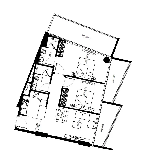 Binghatti HillCrest 2 BR Apartments floor plan, 1,110 sqft to 1,134 sqft, drawing published by Binghatti