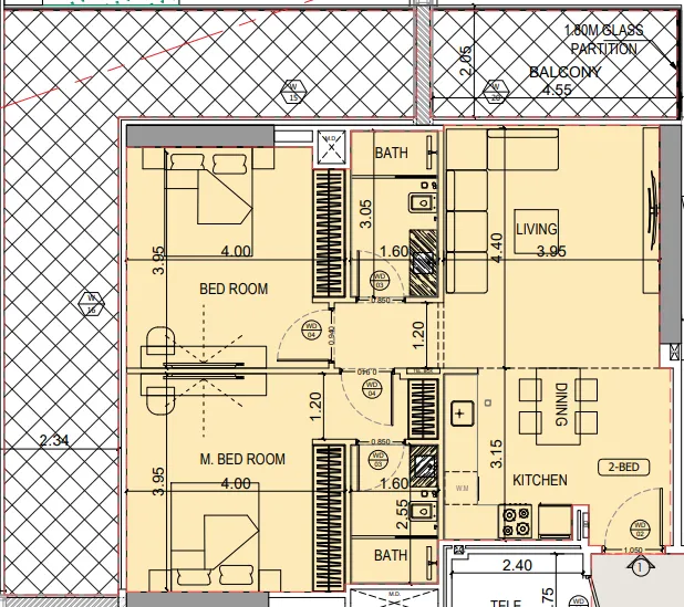Binghatti Starlight 2 BR Apartments floor plan, 1,190 sqft to 1,389 sqft, drawing published by Binghatti