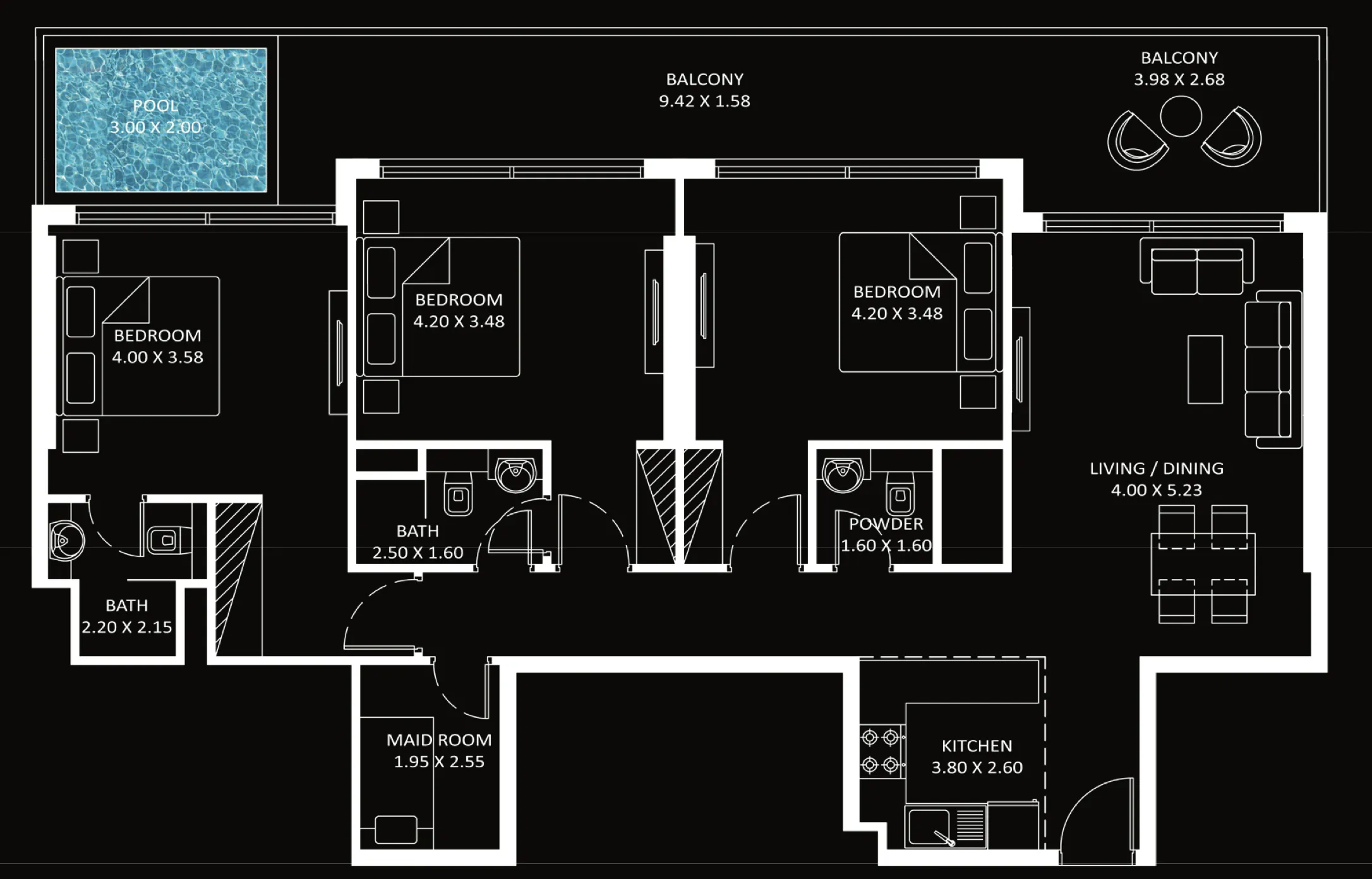 Diamondz 3 BR Apartments floor plan, 1,519 sqft, drawing published by Danube