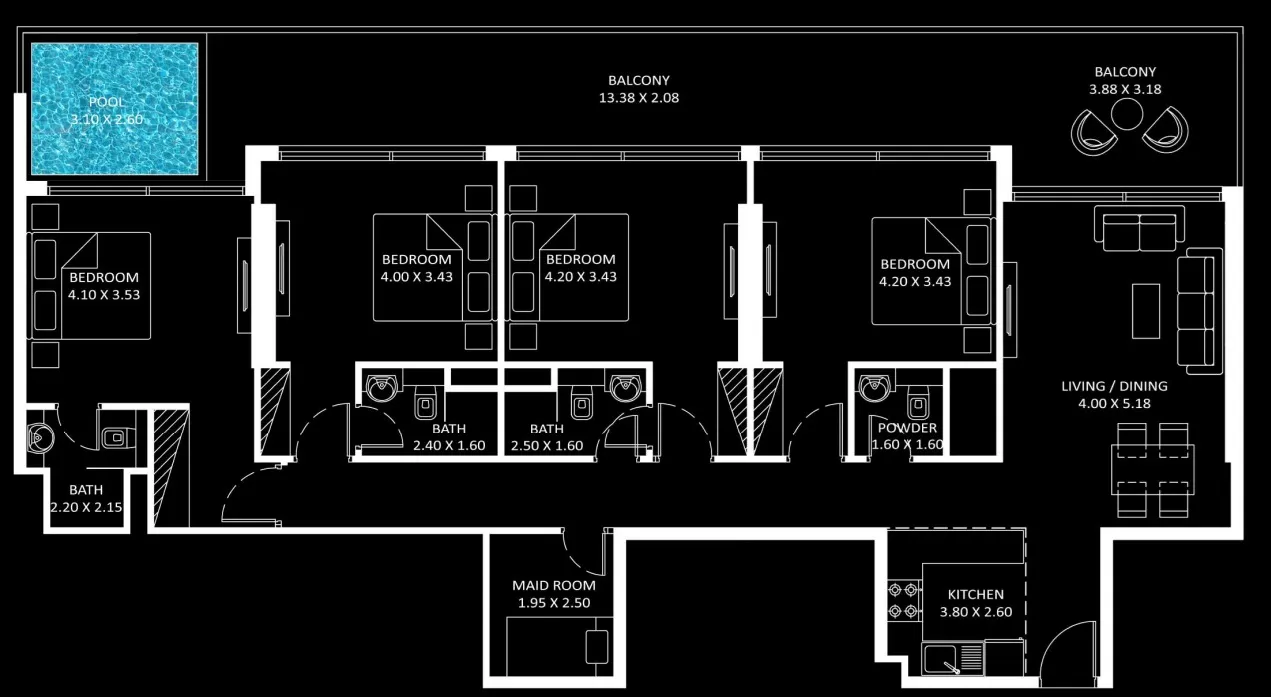 Diamondz 4 BR Apartments floor plan, 1,971 sqft to 1,973 sqft, drawing published by Danube