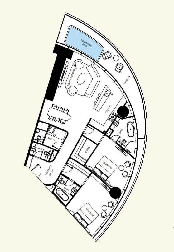 Mercedes-Benz Places by Binghatti 2 BR Apartments floor plan, 1,836 sqft, drawing published by Binghatti