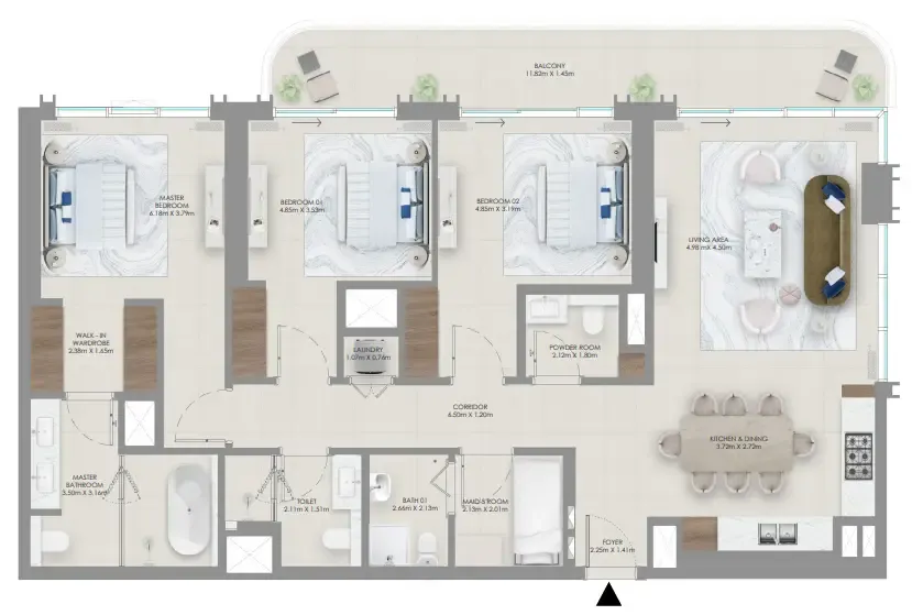 Baystar by Vida 3 BR Apartments floor plan, 1,700 sqft to 1,704 sqft, drawing published by Emaar