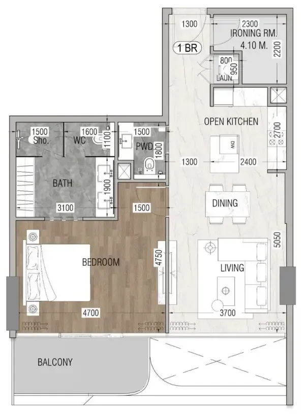 Vue Doree 1 BR Apartments floor plan, 734 sqft to 865 sqft, drawing published by Crystal Bay Development