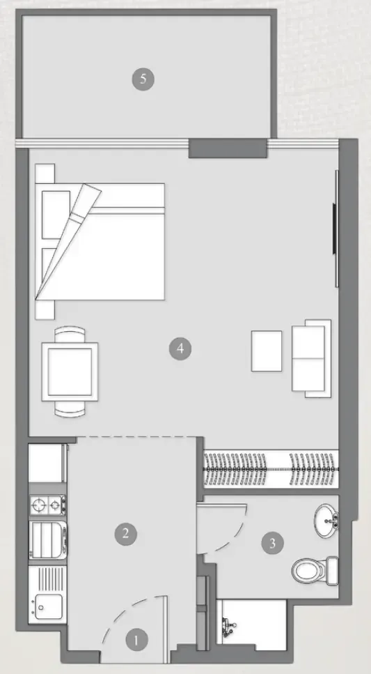 Elevia Residences Studio Apartments floor plan, 407 sqft to 536 sqft, drawing published by Valores Property Development