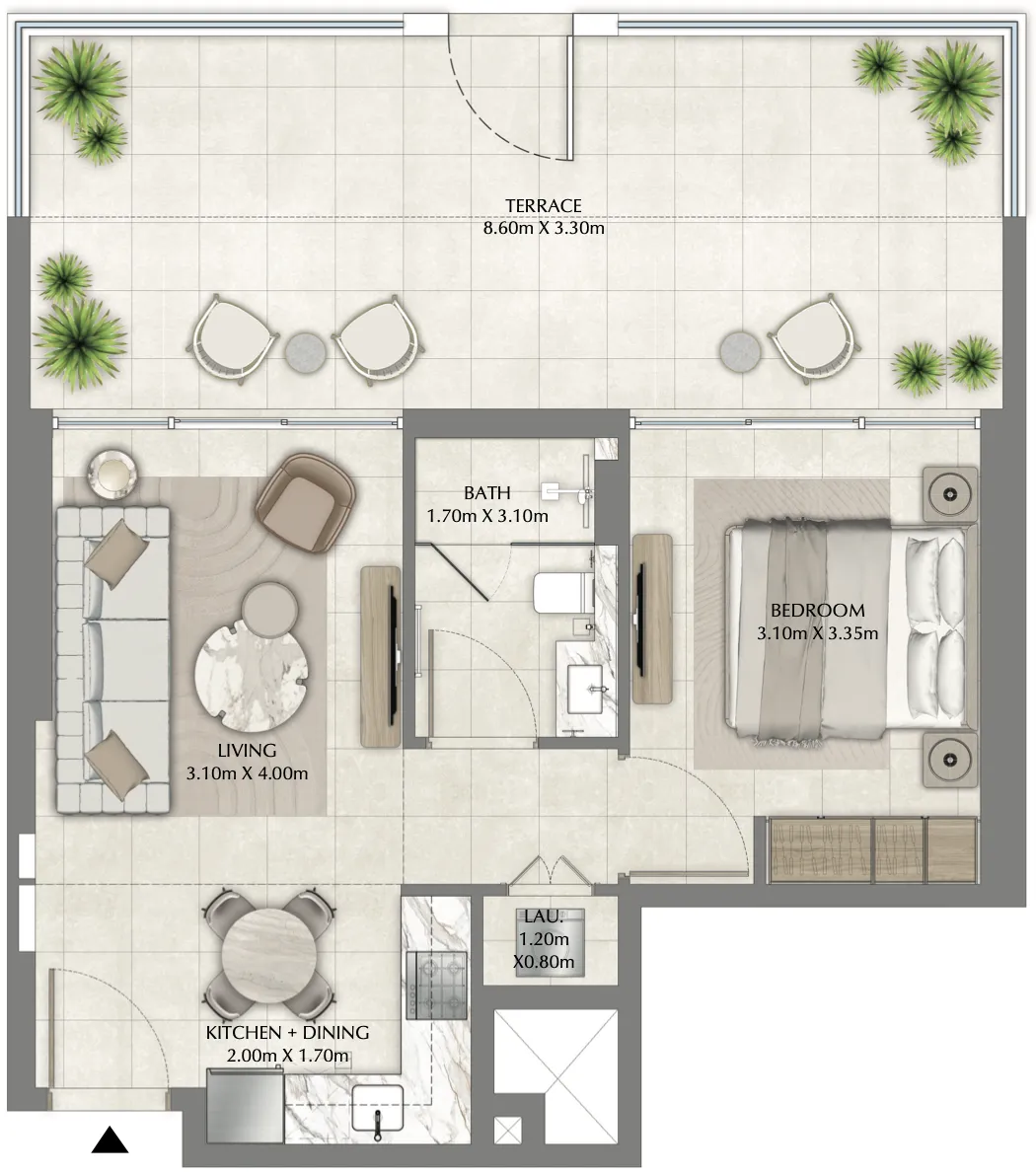 Vyb at Business Bay 1 BR Apartments floor plan, 828 sqft to 840 sqft, drawing published by Ginco Properties