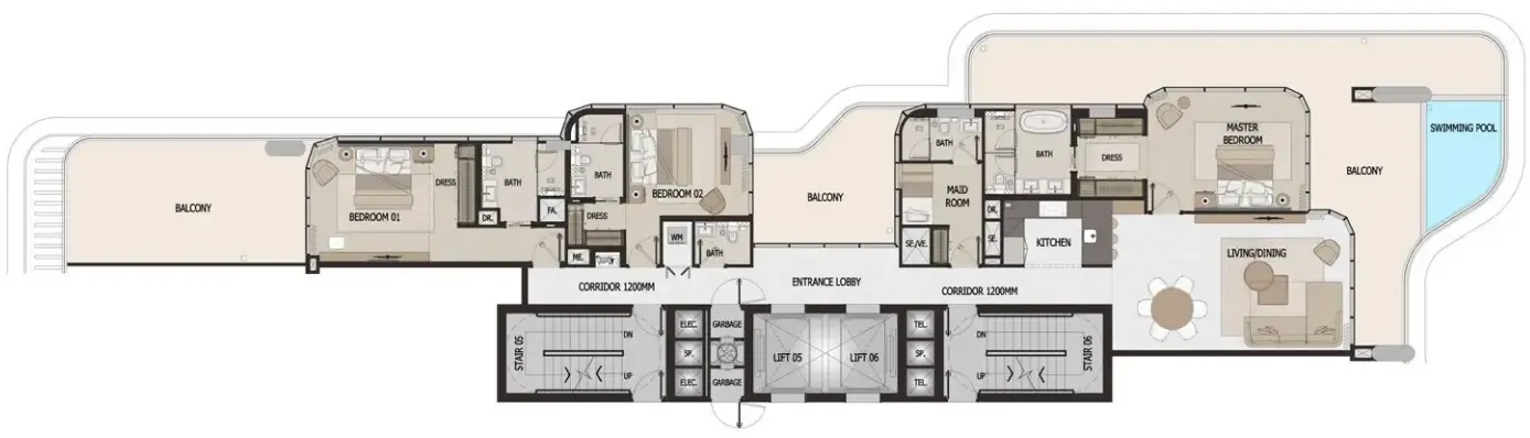 Vitalia Palm Jumeirah Residences 3 BR Apartments floor plan, 2,649 sqft to 3,723 sqft, drawing published by Pinnacle AKS Real Estate Development
