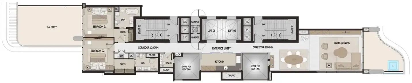 Vitalia Palm Jumeirah Residences 2 BR Apartments floor plan, 1,940 sqft to 2,235 sqft, drawing published by Pinnacle AKS Real Estate Development