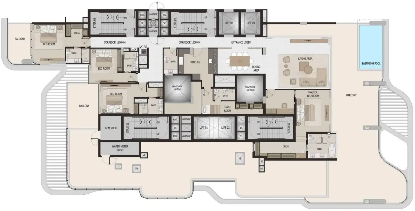 Vitalia Palm Jumeirah Residences 4 BR Penthouse floor plan, 4,834 sqft, drawing published by Pinnacle AKS Real Estate Development
