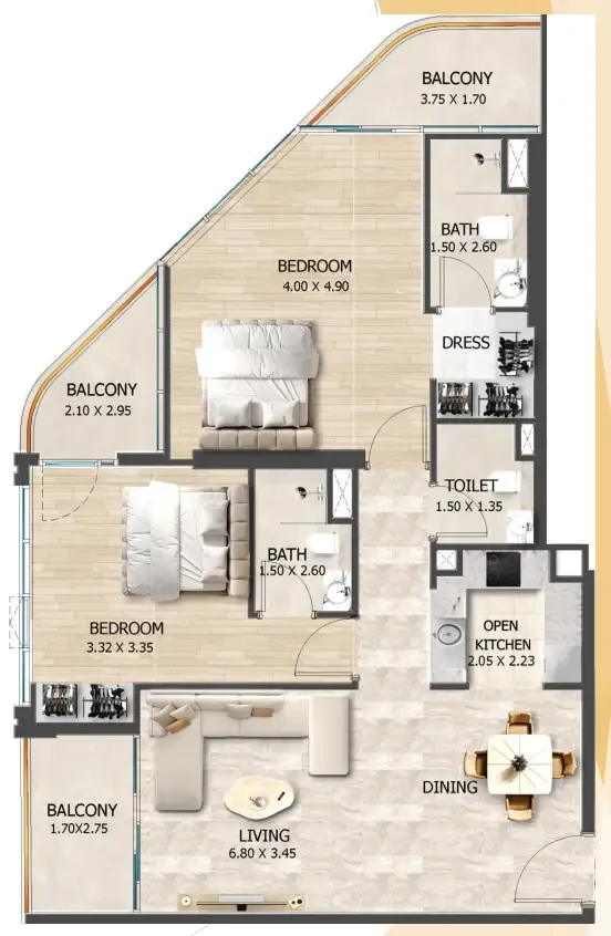 Crystal Tower by VHS 2 BR Apartments floor plan, 1,025 sqft to 1,035 sqft, drawing published by VHS Developments