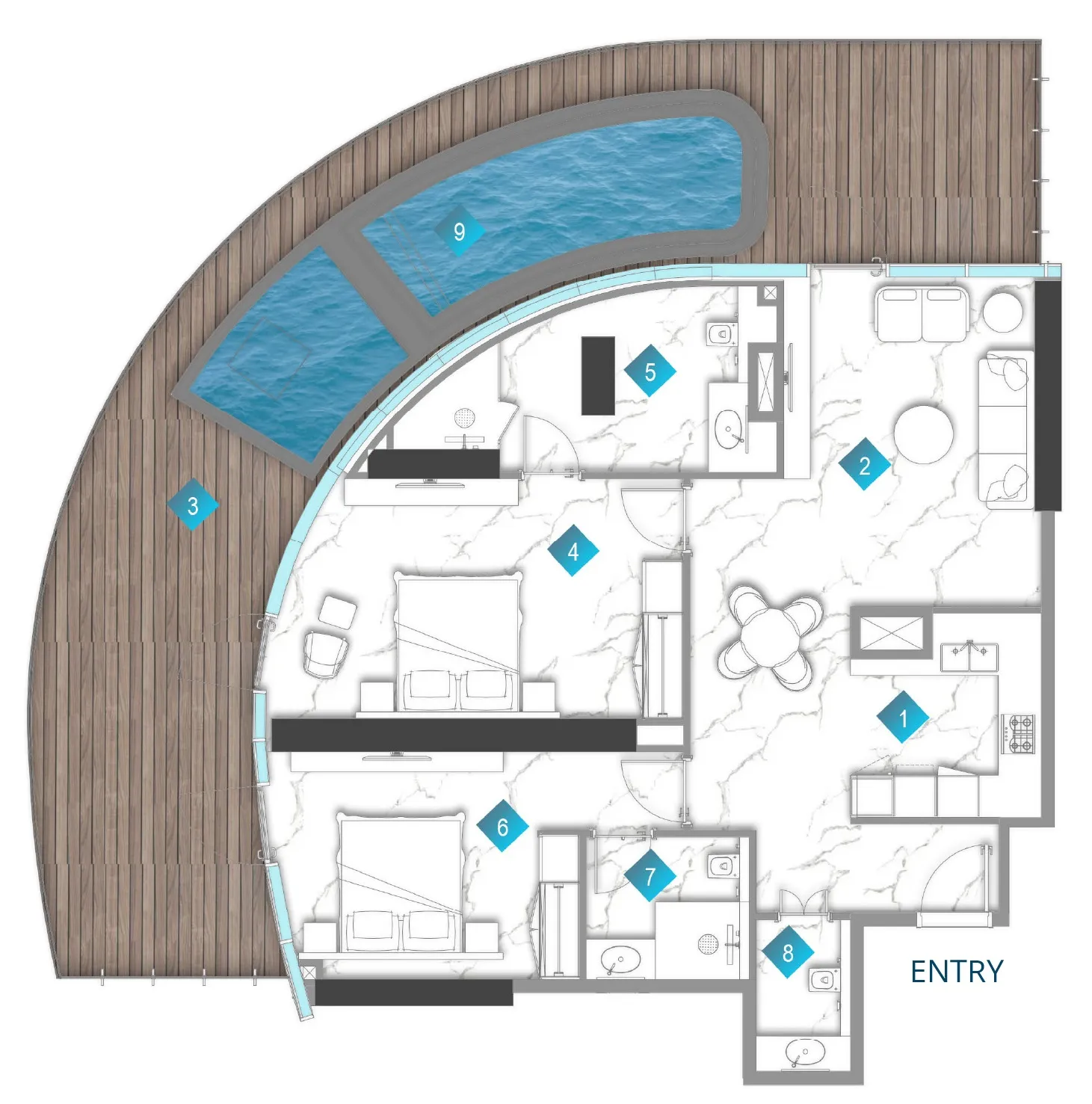 Aqua Arc 2 BR Apartments floor plan, 1,381 sqft to 3,302 sqft, drawing published by BNW Developments