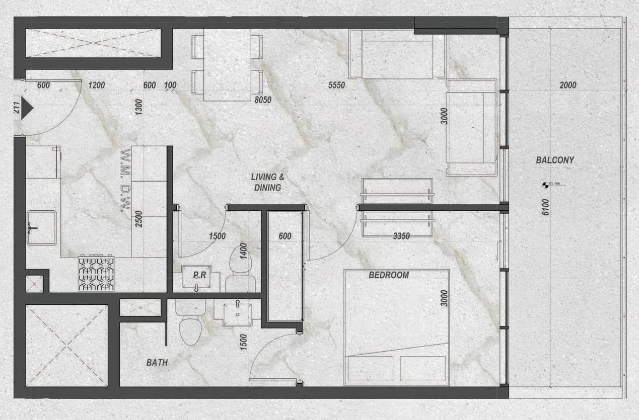 Zyra Hills 1 BR Apartments floor plan, 711 sqft, drawing published by Laraix Developers