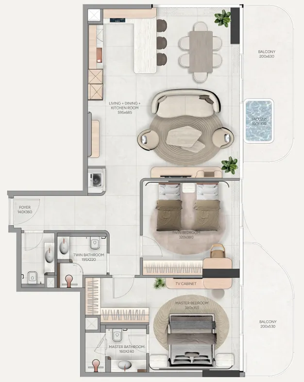 Vestoria Bay 2 BR Apartments floor plan, 1,323 sqft to 2,232 sqft, drawing published by Ahmadyar Developments