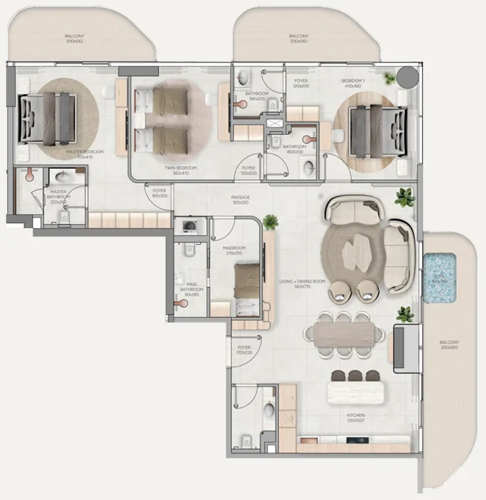 Vestoria Bay 3.5 BR Apartments floor plan, 2,086 sqft, drawing published by Ahmadyar Developments