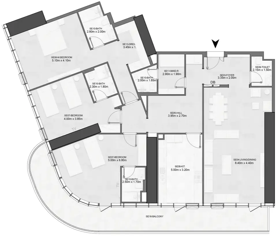Joud Tower 3 BR Apartments floor plan, 2,379 sqft to 3,269 sqft, drawing published by Albatha Real Estate