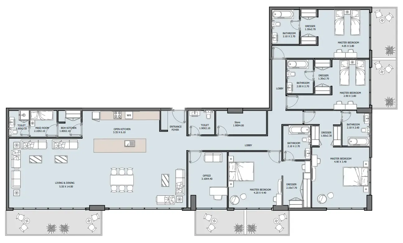 Oceana 4 BR Penthouse floor plan, 3,535 sqft to 3,602 sqft, drawing published by Reportage