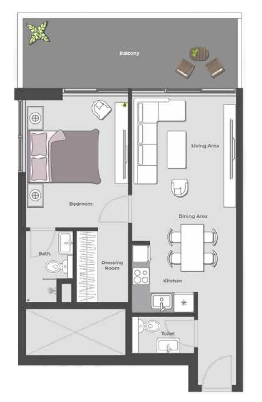 Arib Collection 1 BR Apartments floor plan, 822 sqft to 882 sqft, drawing published by ARIB Developments