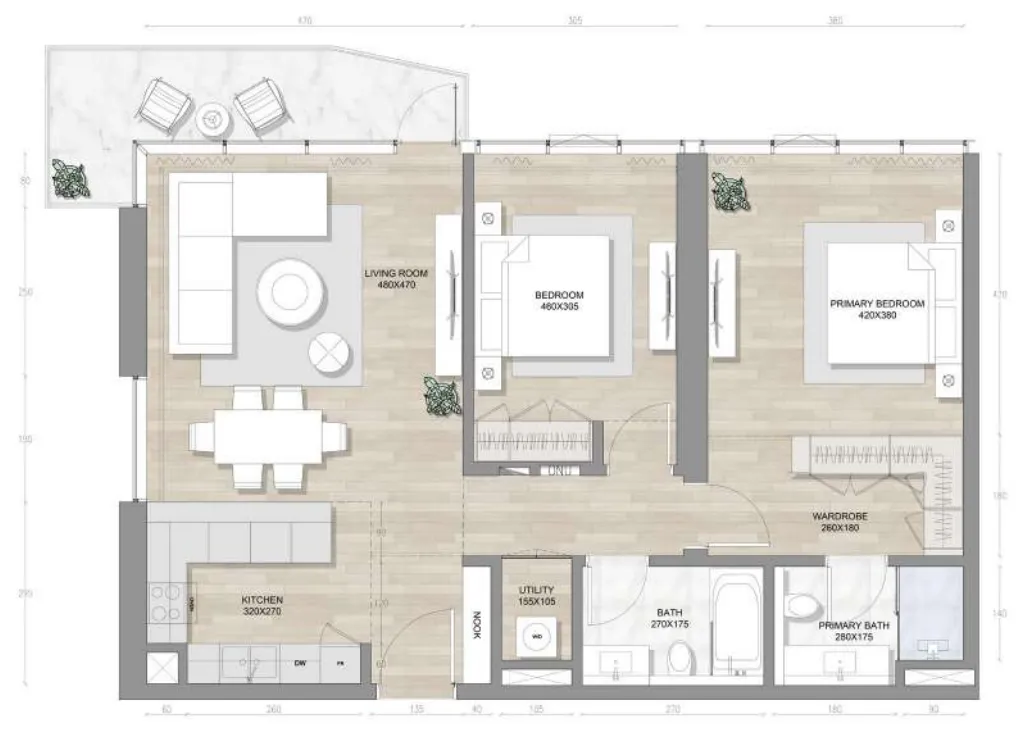 Skai Mina 2 BR Apartments floor plan, 1,204 sqft to 1,741 sqft, drawing published by RAK Properties