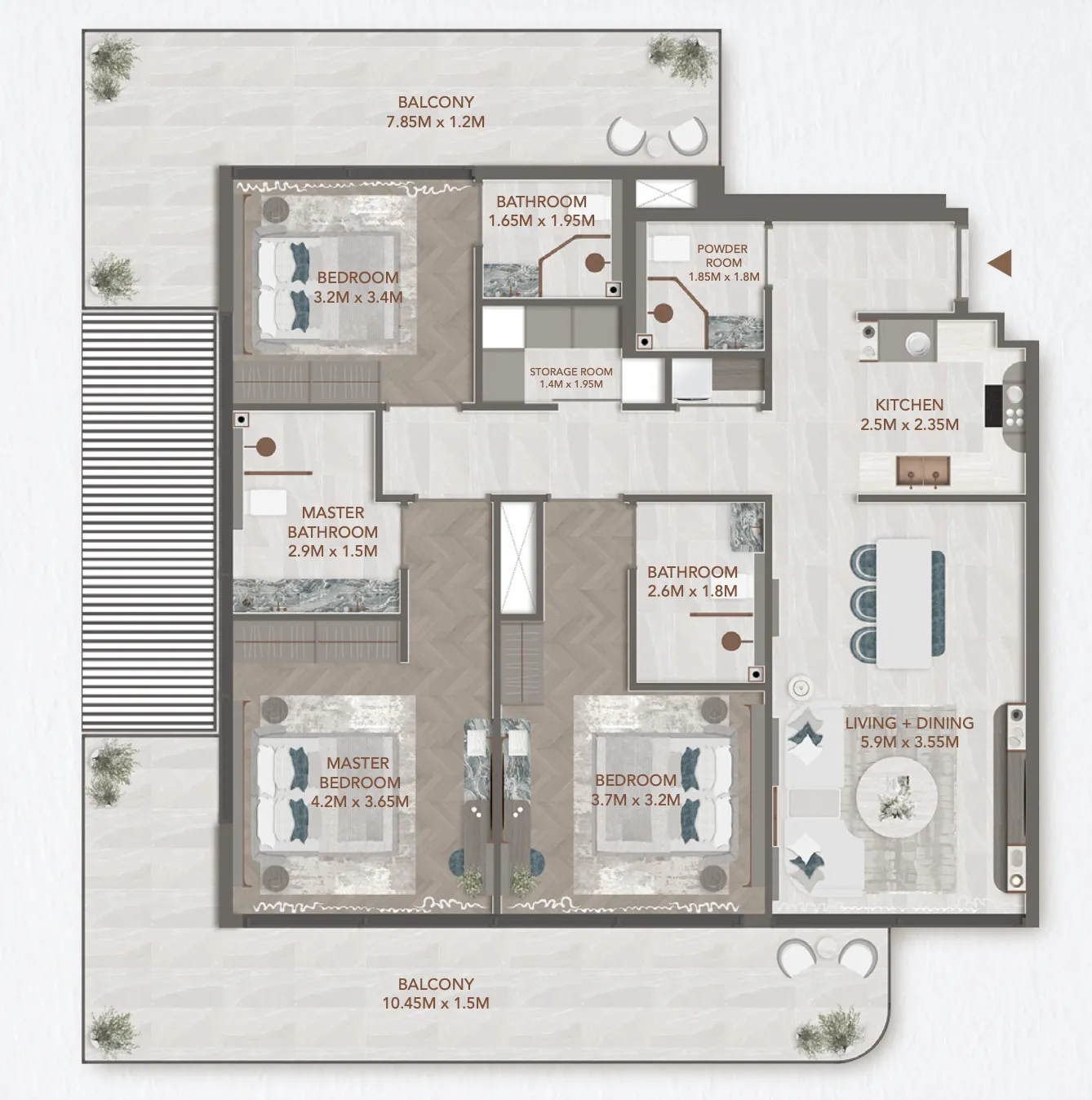 241 Waterside 3 BR Apartments floor plan, 1,582 sqft to 1,583 sqft, drawing published by Regent Developments