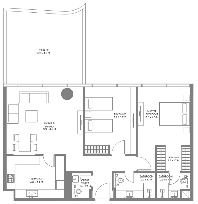 The Gate 3 and 4 2 BR Apartments floor plan, 1,079 sqft to 2,502 sqft, drawing published by ARADA