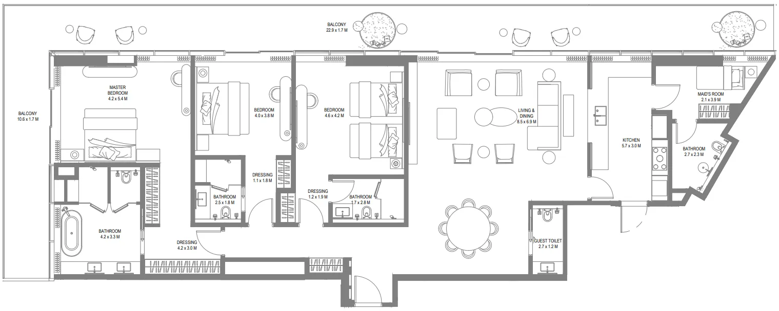 Anantara Sharjah Resort 3 BR Apartments floor plan, 2,876 sqft to 3,329 sqft, drawing published by ARADA