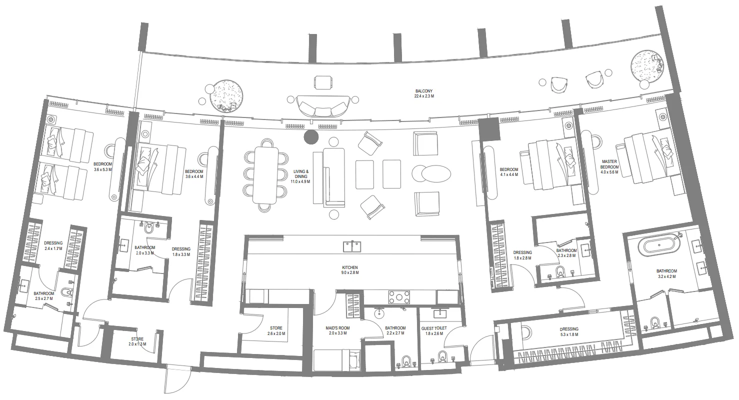 Anantara Sharjah Resort 4 BR Apartments floor plan, 3,880 sqft to 4,408 sqft, drawing published by ARADA