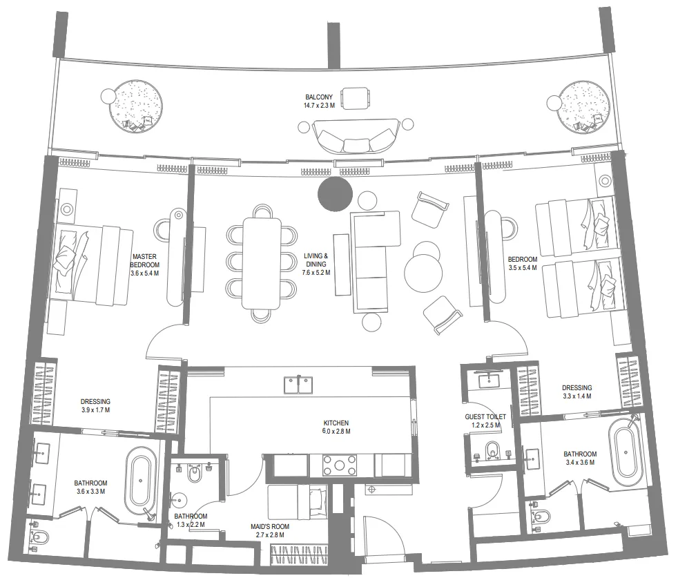 Anantara Sharjah Resort 2 BR Hotel apartments floor plan, 2,212 sqft to 2,329 sqft, drawing published by ARADA