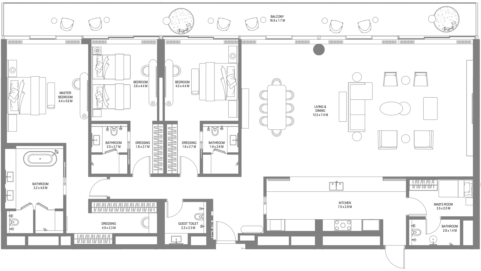 Anantara Sharjah Resort 3 BR Penthouse floor plan, 3,387 sqft to 3,538 sqft, drawing published by ARADA