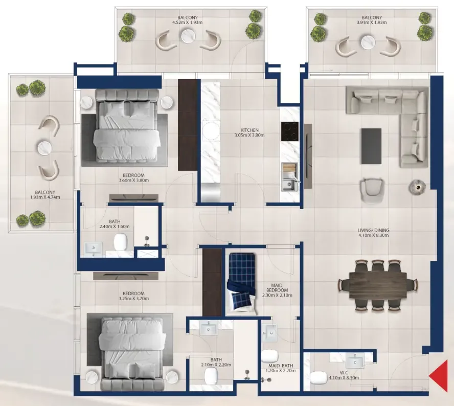 Al Vista 2 BR Apartments floor plan, 1,182 sqft to 1,525 sqft, drawing published by Dubai Investments