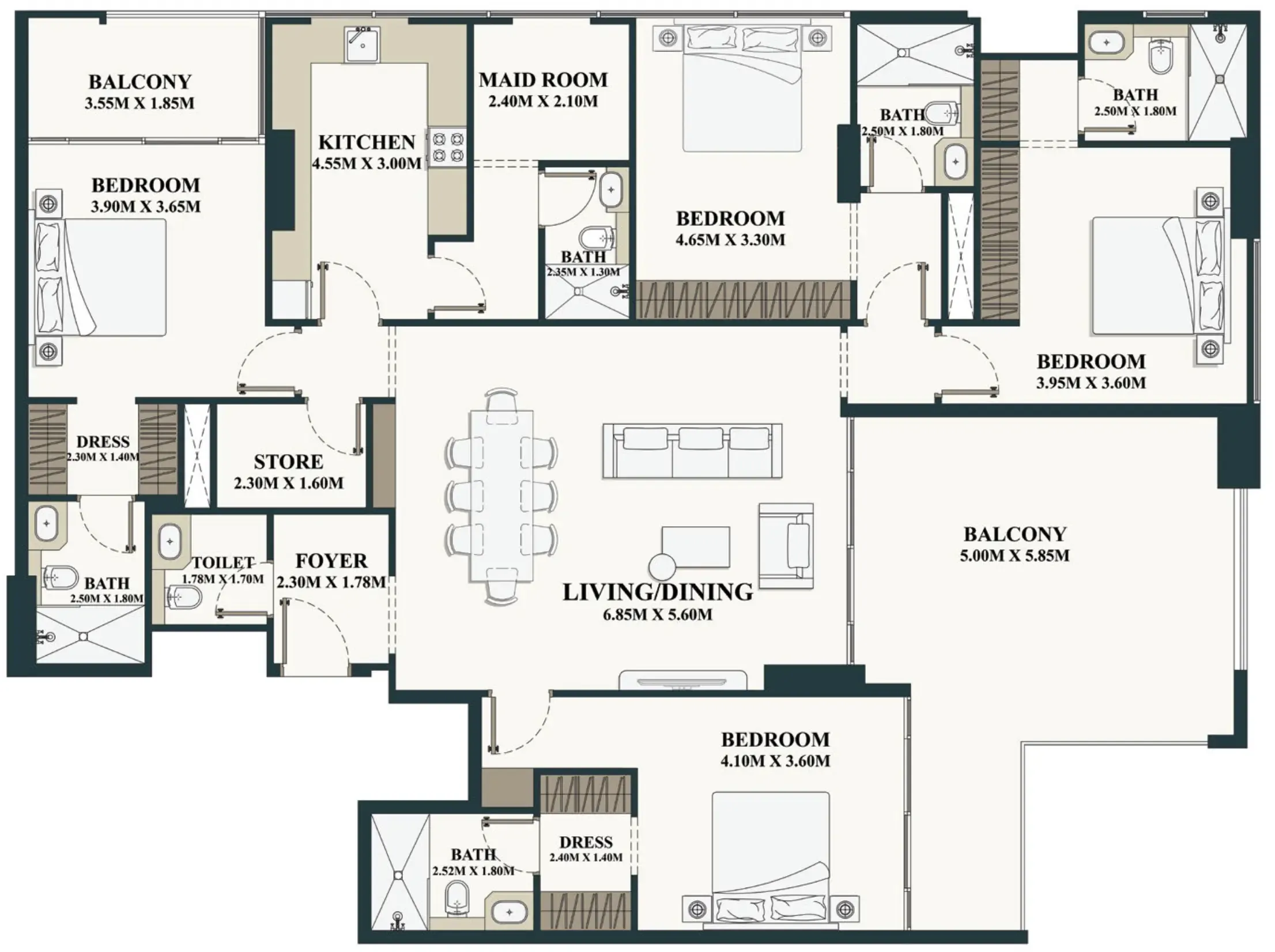Belle Vie 4.5 BR Apartments floor plan, 2,455 sqft, drawing published by Zimaya Properties