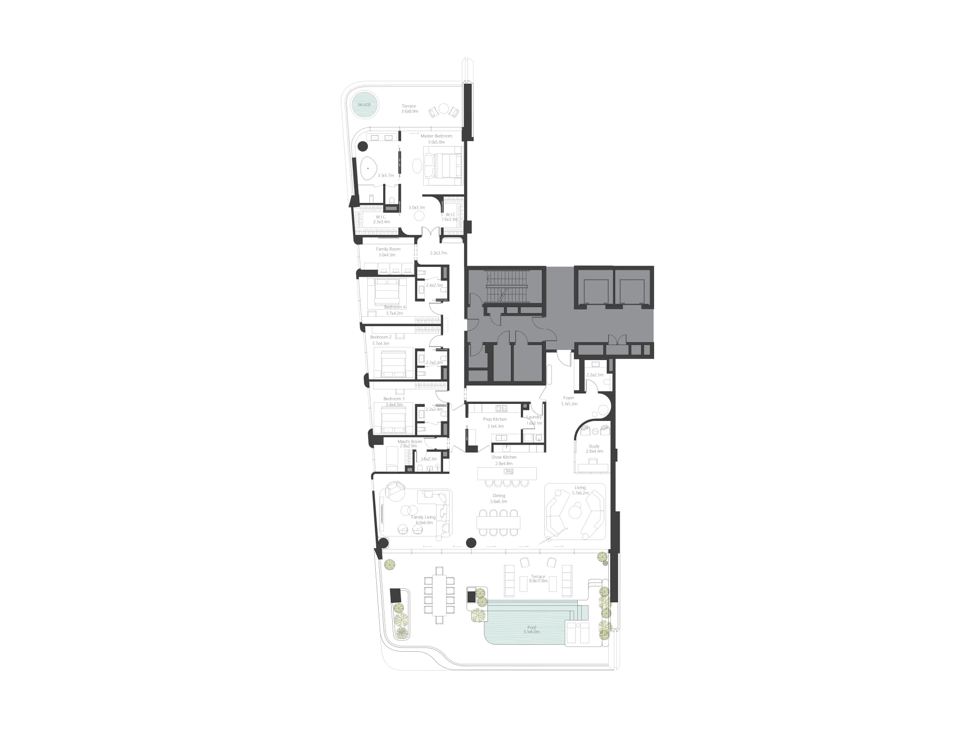 The Alba Residences by Omniyat 4 BR Apartments floor plan, 6,548 sqft to 7,382 sqft, drawing published by Omniyat Properties