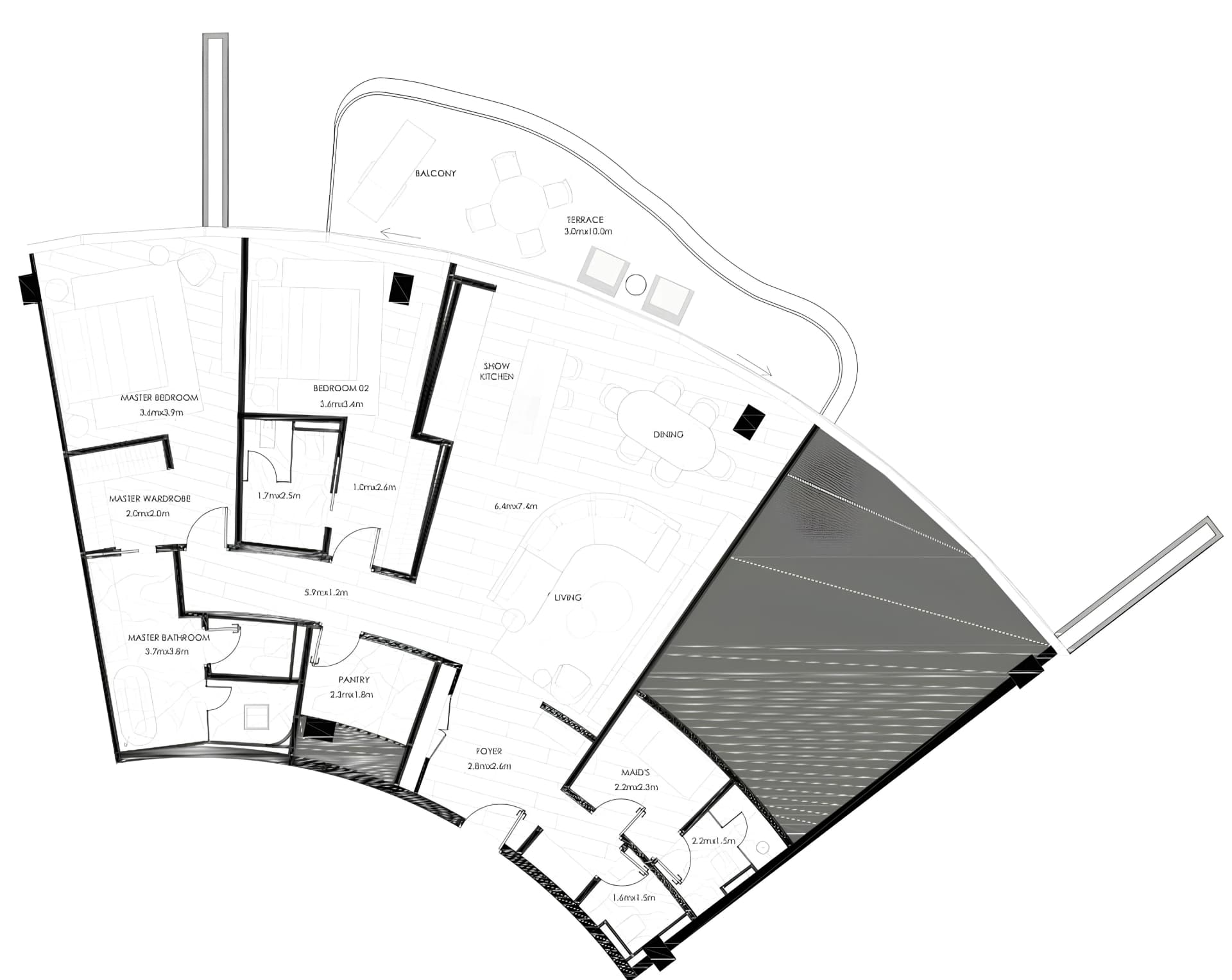 The Alba Residences by Omniyat 2 BR Apartments floor plan, 1,592 sqft to 1,862 sqft, drawing published by Omniyat Properties