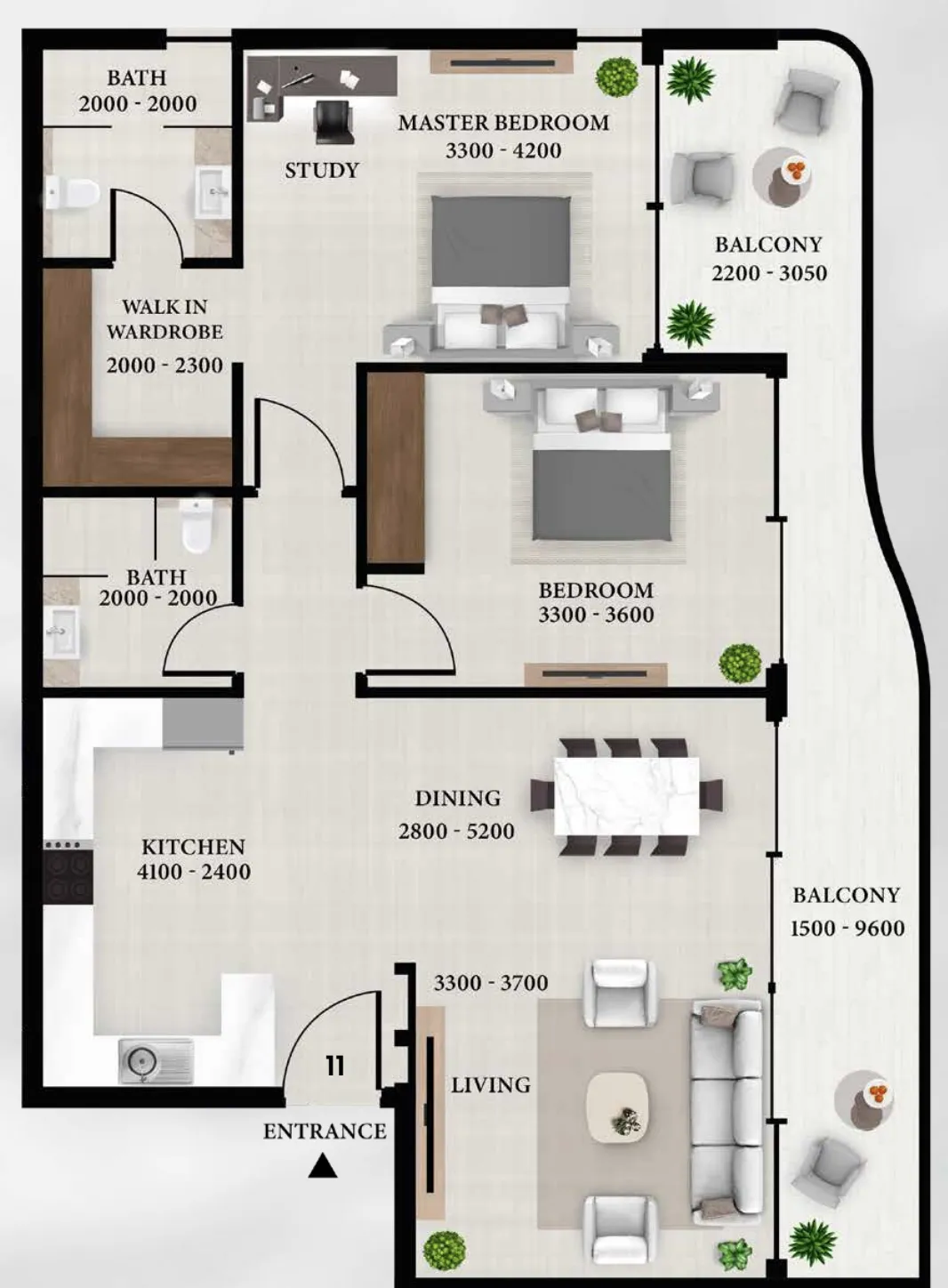 Avion Residence 2.5 BR Apartments floor plan, 1,189 sqft to 1,209 sqft, drawing published by Sky View Development