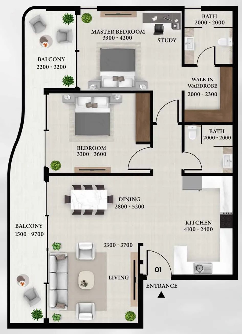 Avion Residence 2 BR Apartments floor plan, 1,187 sqft, drawing published by Sky View Development