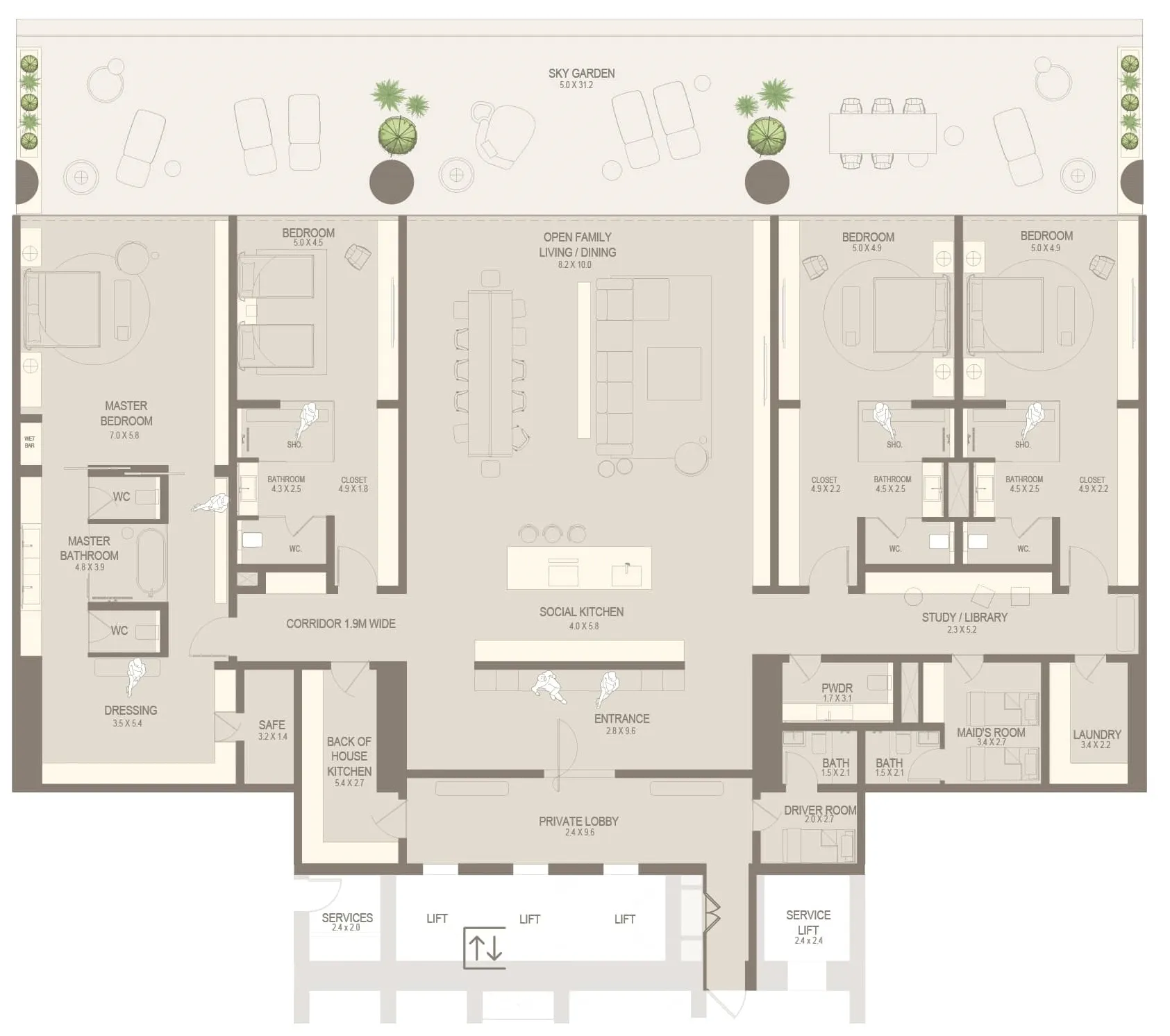 The Chedi Private Residences 4 BR Penthouse floor plan, 7,405 sqft, drawing published by Al Seeb Real Estate Development