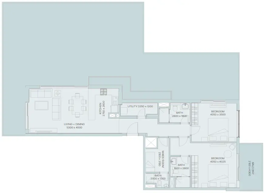 The Haven 3 2 BR Apartments floor plan, 1,355 sqft to 2,822 sqft, drawing published by Meraki