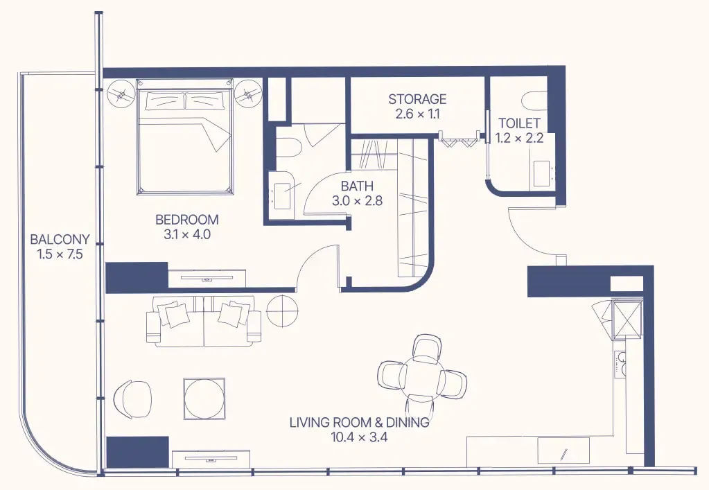 Gianfranco Ferre Residences 1 BR Apartments floor plan, 850 sqft to 970 sqft, drawing published by Mira Developments