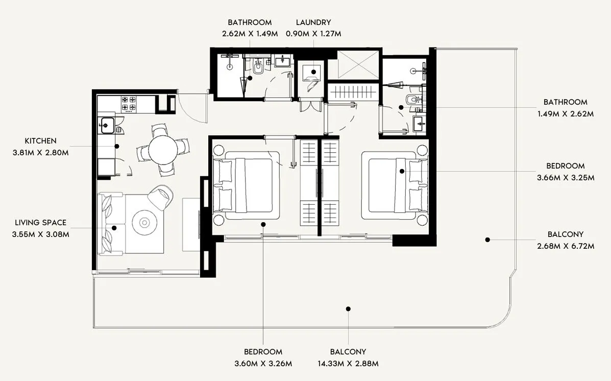 Azizi David 2 BR Apartments floor plan, 1,365 sqft, drawing published by Azizi