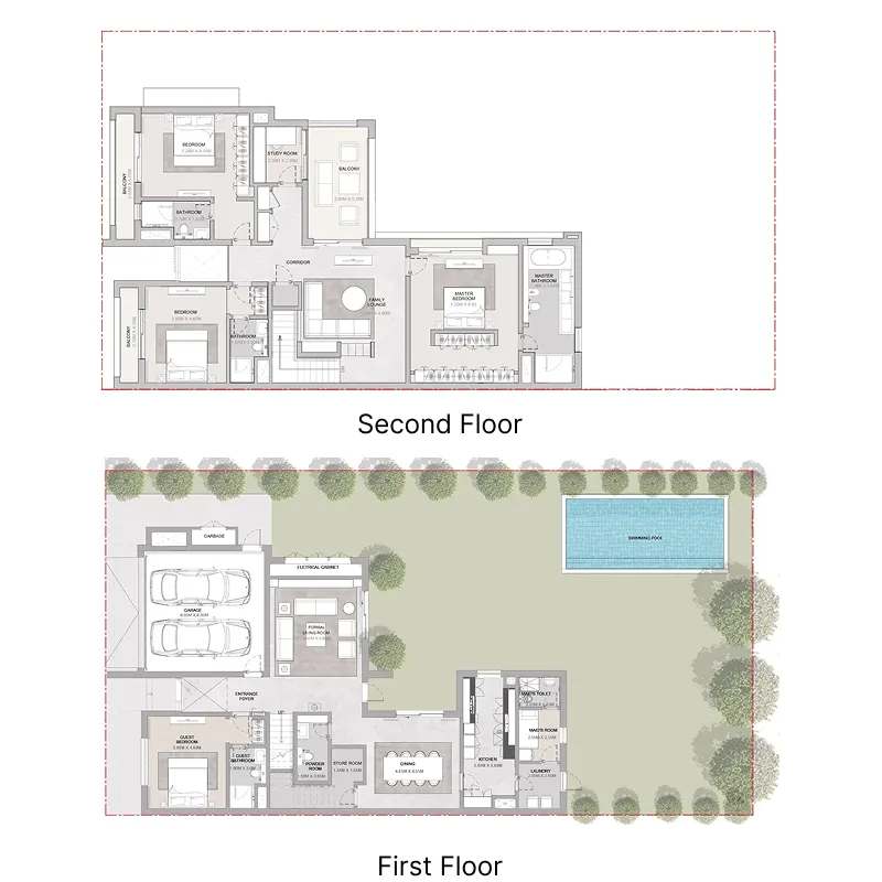 Elwood 4 BR Villa floor plan, 4,958 sqft to 4,969 sqft, drawing published by Sobha