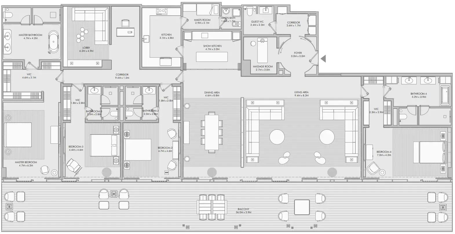 Armani Beach Residence 4 BR Apartments floor plan, 6,331 sqft to 7,444 sqft, drawing published by ARADA