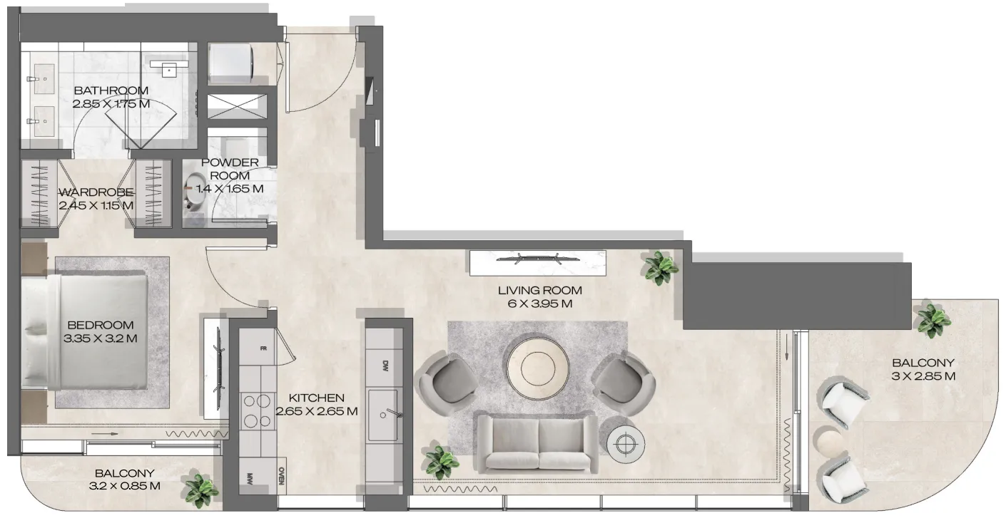 DWTN Residences 1 BR Apartments floor plan, 764 sqft to 903 sqft, drawing published by Deyaar Development